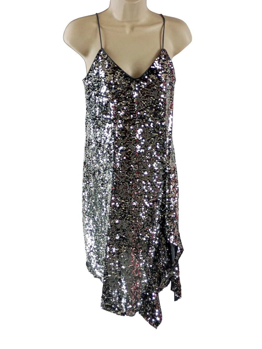 Bar III Silver Sequin Asymmetrical Slip Dress